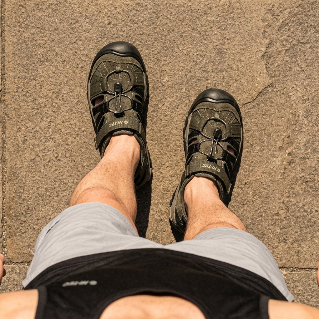 Sandales Hi-tec Shaol Bay Sea Turtle-taupe porté en contexte urbain hommes vue de haut - BirdNova Algérie