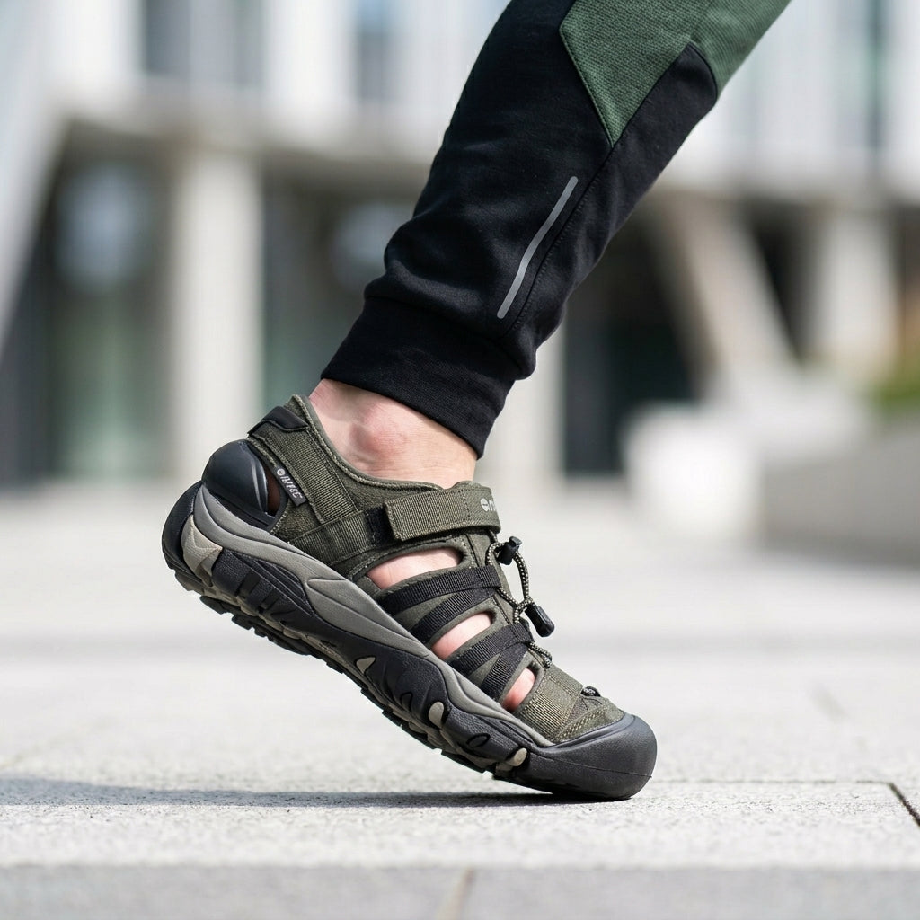 Sandales Hi-tec Shaol Bay Sea Turtle-taupe porté en contexte urbain hommes vue latéral- BirdNova Algérie