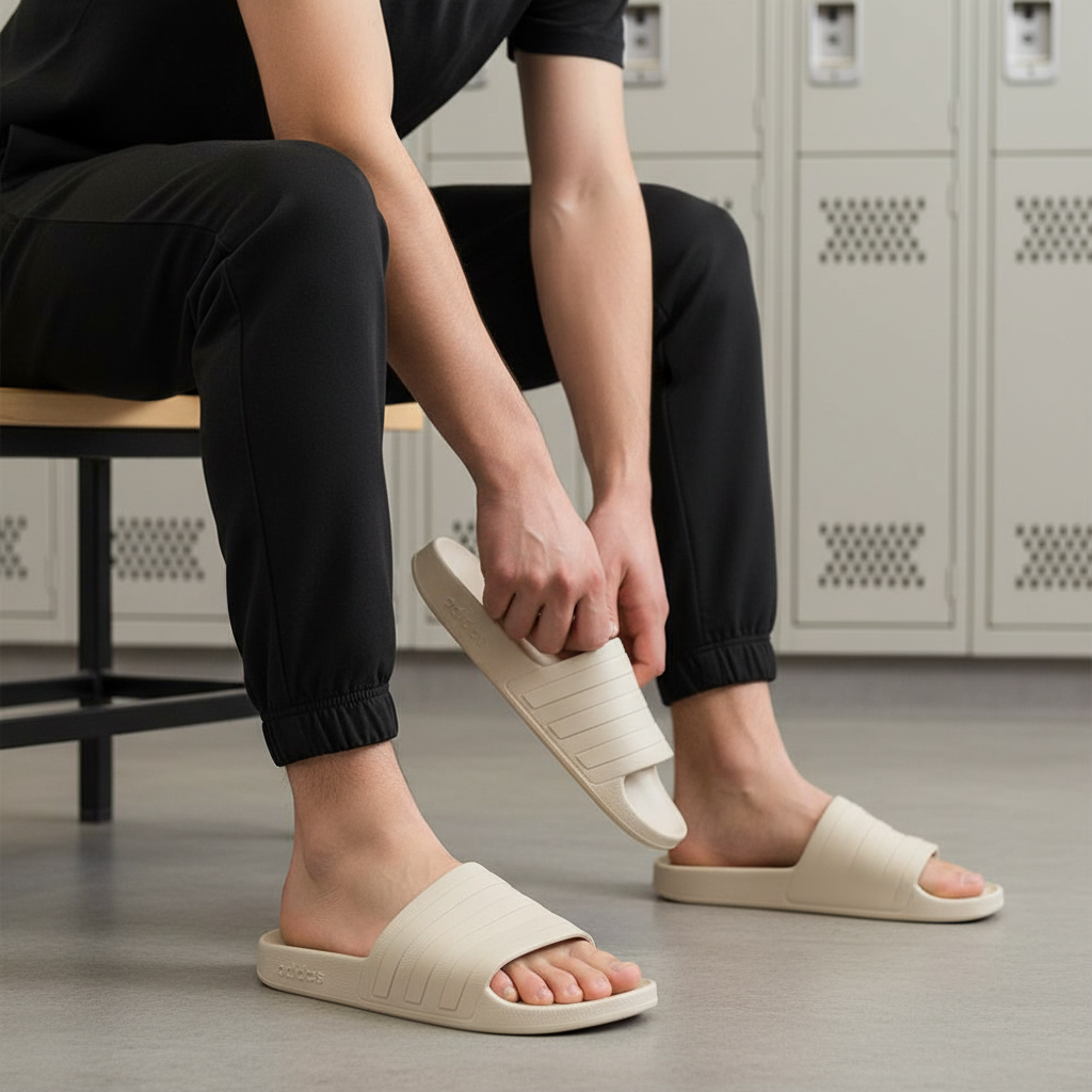 Adidas Adilette Aqua IE1456 beige – homme en jogging noir ajustant la sangle sur un banc de vestiaire-birdnova-algerie