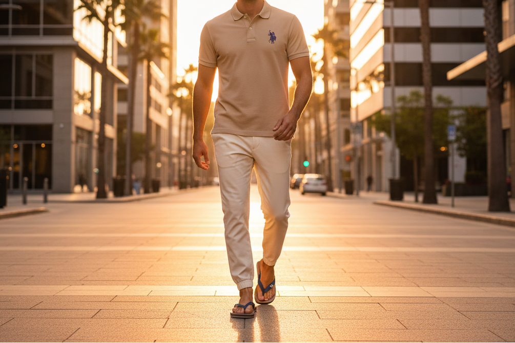 Homme portant des claquettes Beverly Hills Polo Club marron dans une rue moderne - lifestyle urbain BirdNova