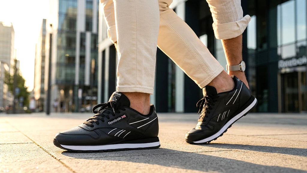 Baskets Reebok Classic Leather Black/black/white porté en contexte urbain hommes - BirdNova Algérie