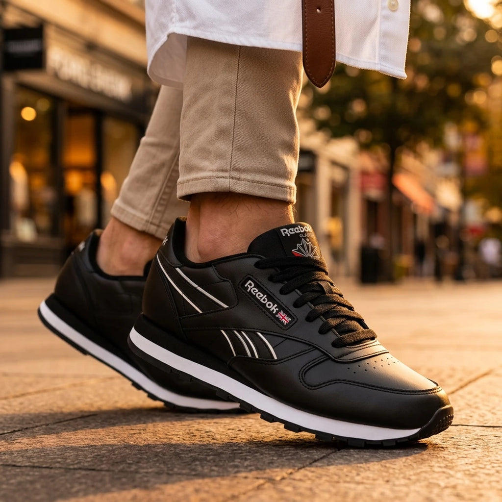 Baskets Hommes Reebok Classic Leather Black/Black/White profil droit en situation - BirdNova Algérie