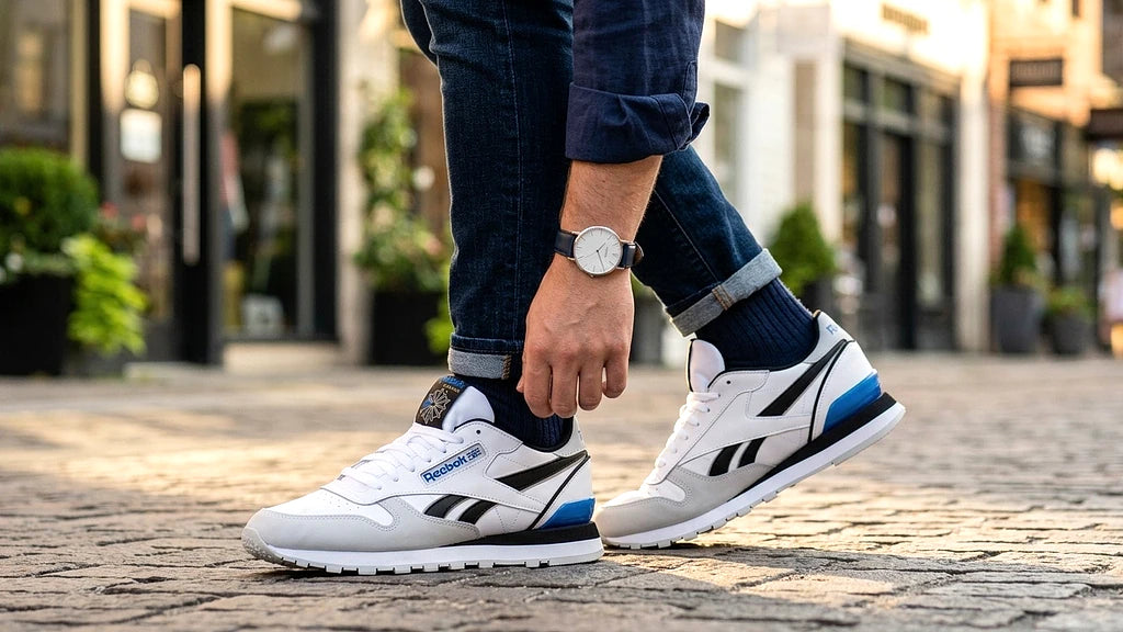 Baskets Reebok Classic Leather Clip Ftwwht/purgry/vecb porté en contexte urbain hommes - BirdNova Algérie
