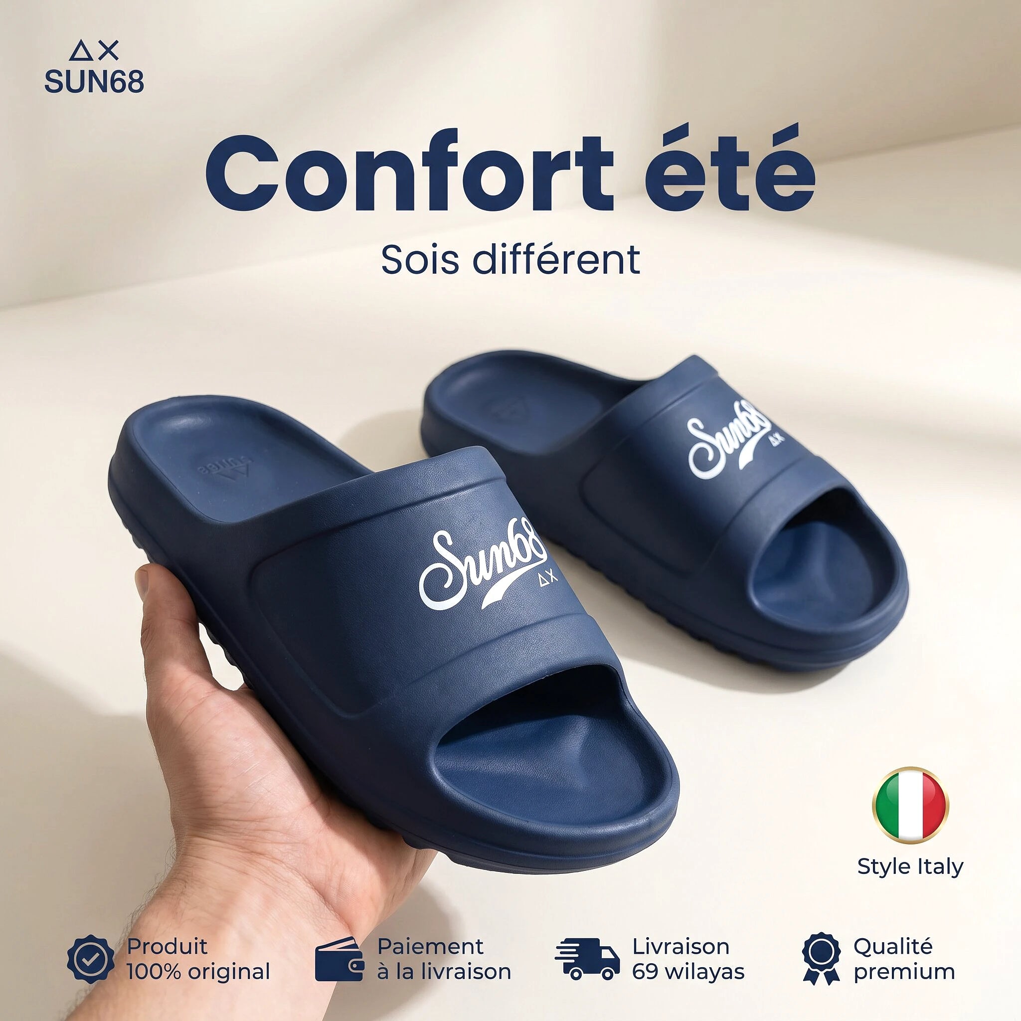 Sun68 Slippers Monoblock Bleu Marine — claquette original BirdNova Algérie