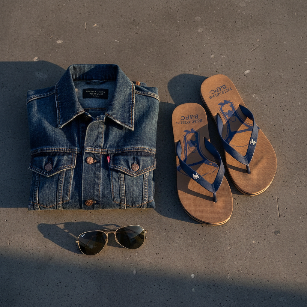 Flat lay claquette BHPC 2784 marron sur béton avec veste denim et lunettes - style streetwear homme