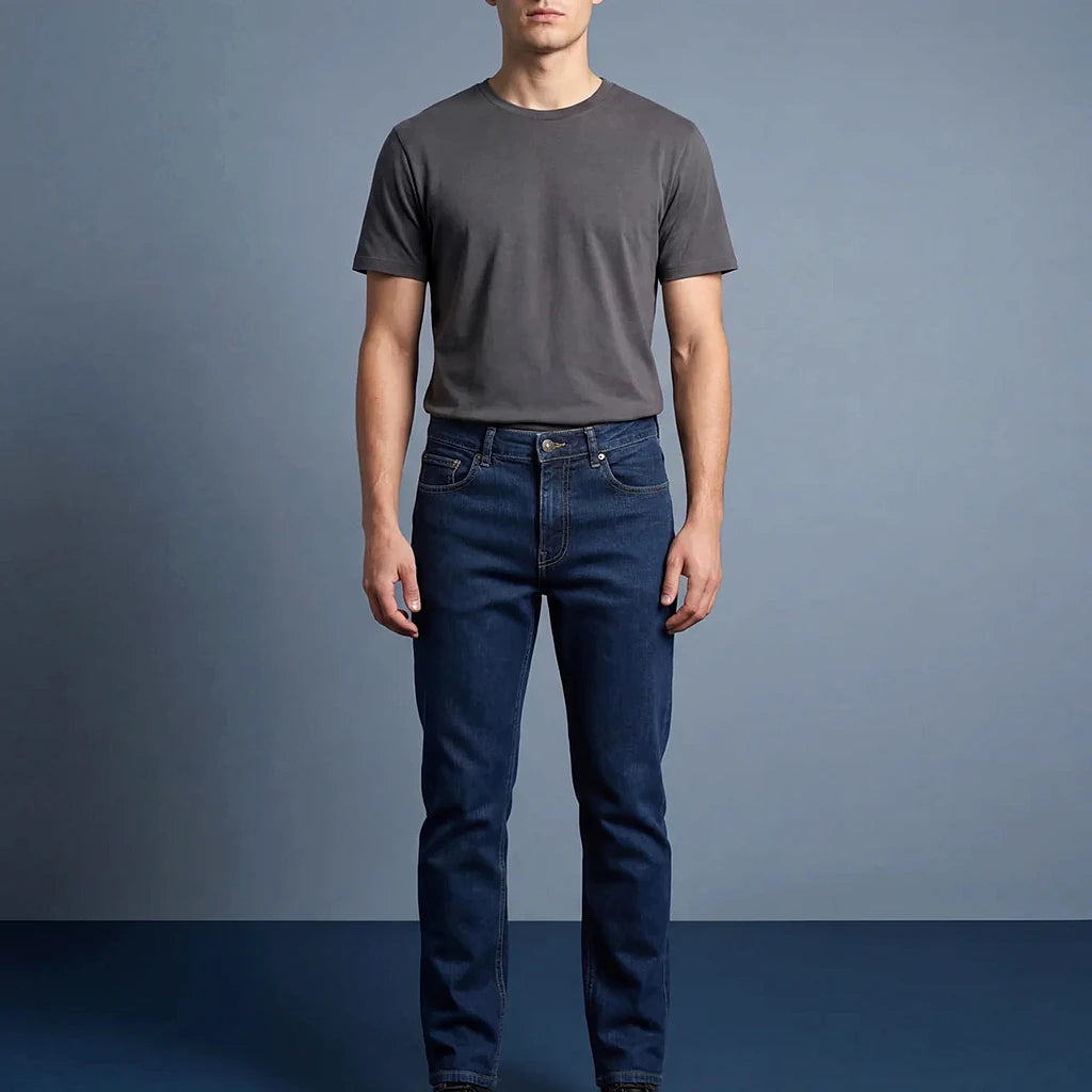 Depart Jean Slim Bleu Indigo Homme porté avec t-shirt gris — original BirdNova Algérie