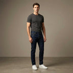 Depart Jean Slim Bleu Foncé Homme porté avec t-shirt anthracite — original BirdNova Algérie