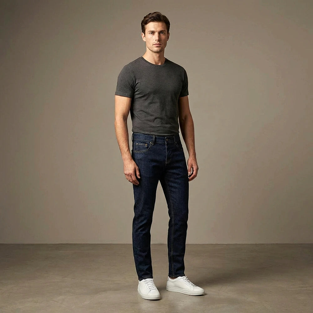 Depart Jean Slim Bleu Foncé Homme porté avec t-shirt anthracite — original BirdNova Algérie