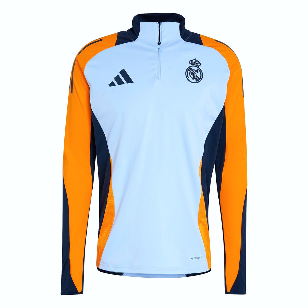 Adidas Haut Real Madrid Bleu Ciel, vue à plat avec écusson et demi-zip, BirdNova Algérie