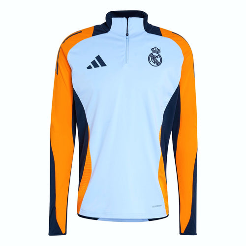 Adidas Haut Real Madrid Bleu Ciel, vue à plat avec écusson et demi-zip, BirdNova Algérie