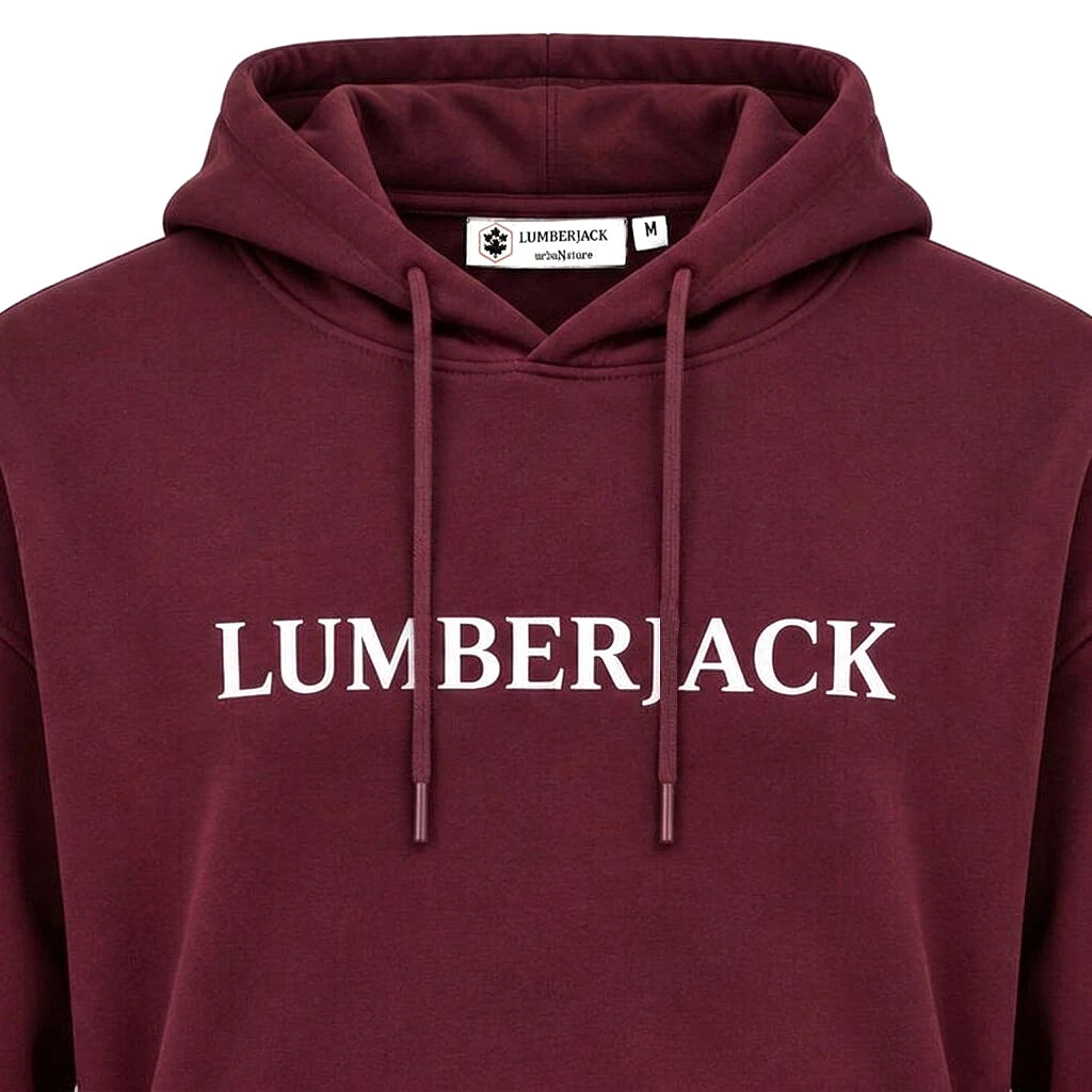 Lumberjack Hoodie Bordeaux — gros plan sur le mot LUMBERJACK et l'étiquette, original BirdNova Algérie