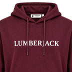 Lumberjack Hoodie Bordeaux — gros plan sur le mot LUMBERJACK et l'étiquette, original BirdNova Algérie