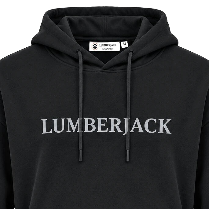 Lumberjack Hoodie Noir — gros plan sur les lettres LUMBERJACK et l'étiquette, original BirdNova Algérie