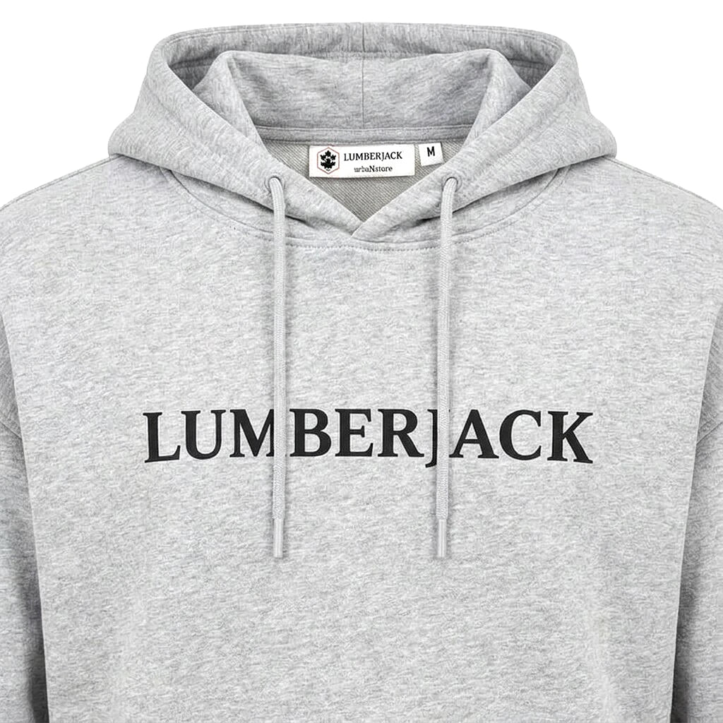 Lumberjack Hoodie Gris — gros plan sur les lettres noires et l'étiquette, original BirdNova Algérie