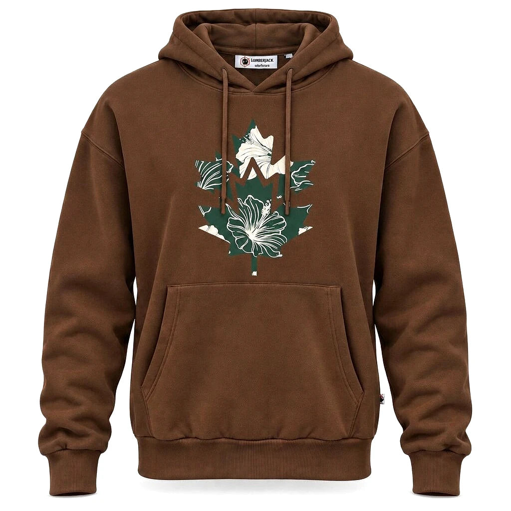 Lumberjack Hoodie Marron Homme — vue de face avec imprimé feuille d'érable, original BirdNova Algérie
