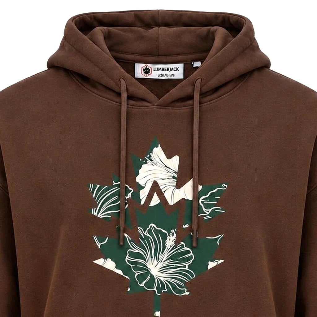 Lumberjack Hoodie Marron — gros plan sur l'imprimé hibiscus, original BirdNova Algérie