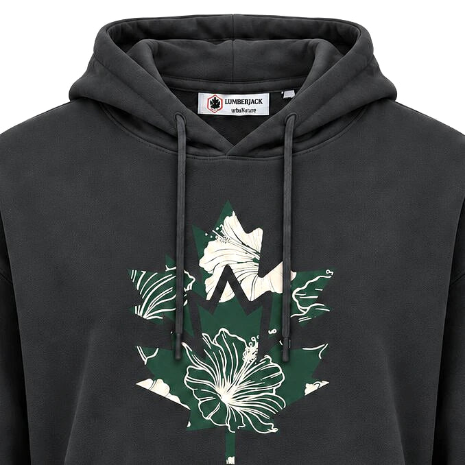 Lumberjack Hoodie Gris Anthracite — gros plan sur l'imprimé hibiscus, original BirdNova Algérie