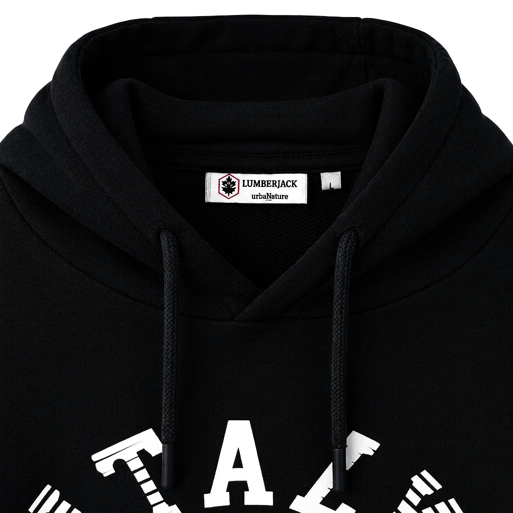 Lumberjack Hoodie Italy Noir — gros plan sur la capuche, l'étiquette et le lettrage, original BirdNova Algérie