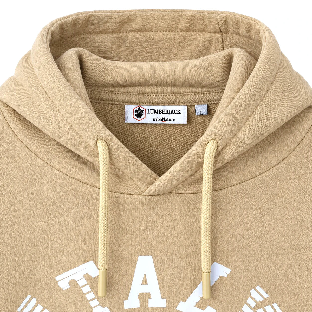 Lumberjack Hoodie Beige Sable — capuche, cordons et étiquette en gros plan, original BirdNova Algérie