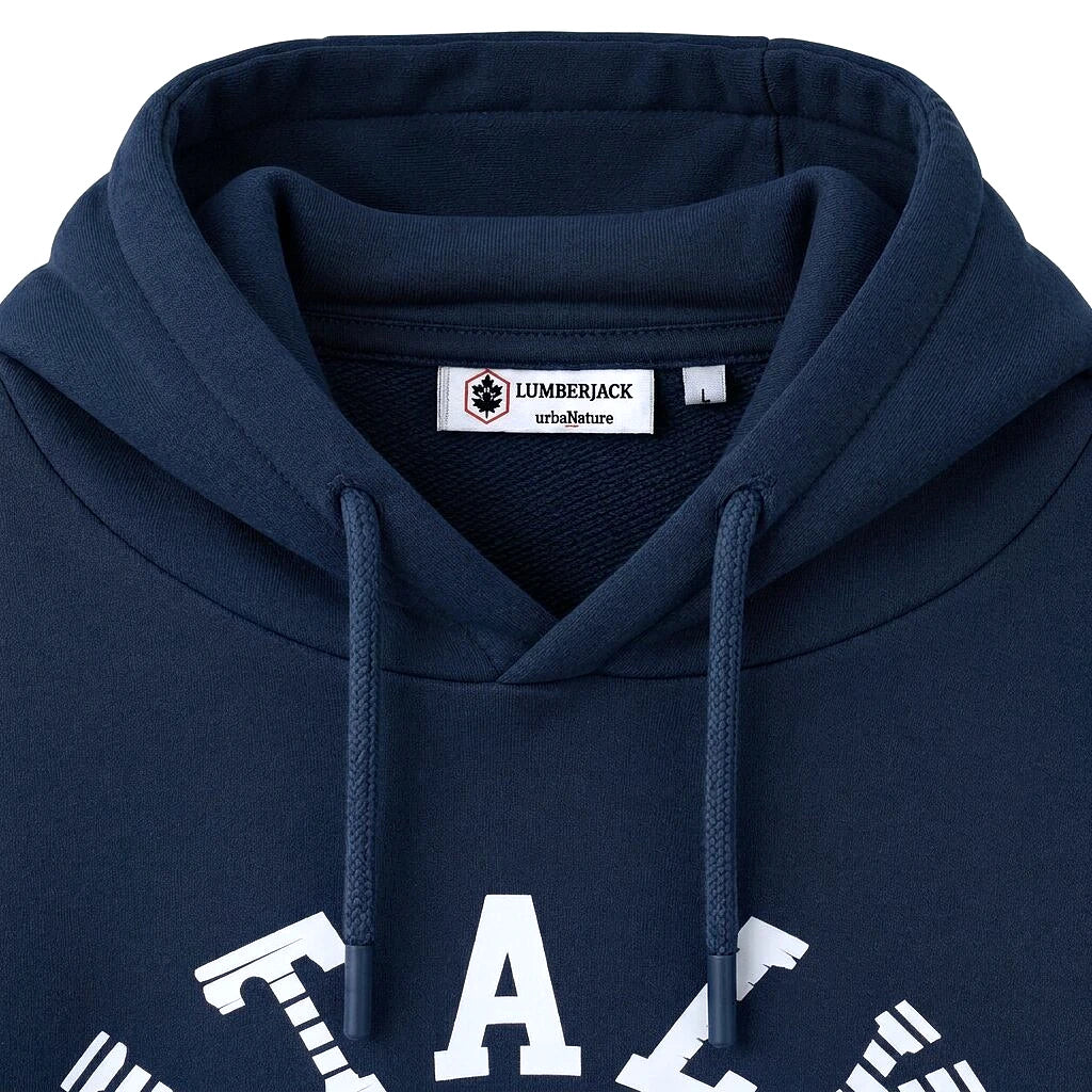 Lumberjack Hoodie Bleu Marine — capuche, cordons et étiquette en gros plan, original BirdNova Algérie