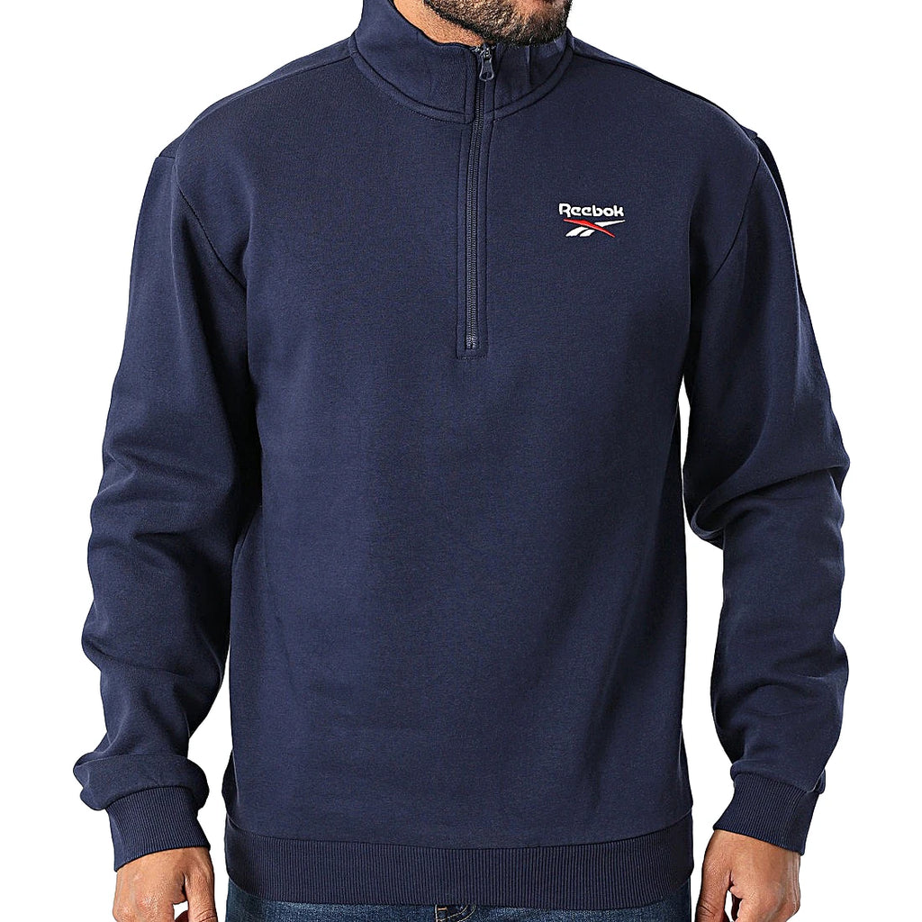 Reebok Sweat Demi-Zip Bleu Marine Homme, vue de face avec petit logo, BirdNova Algérie
