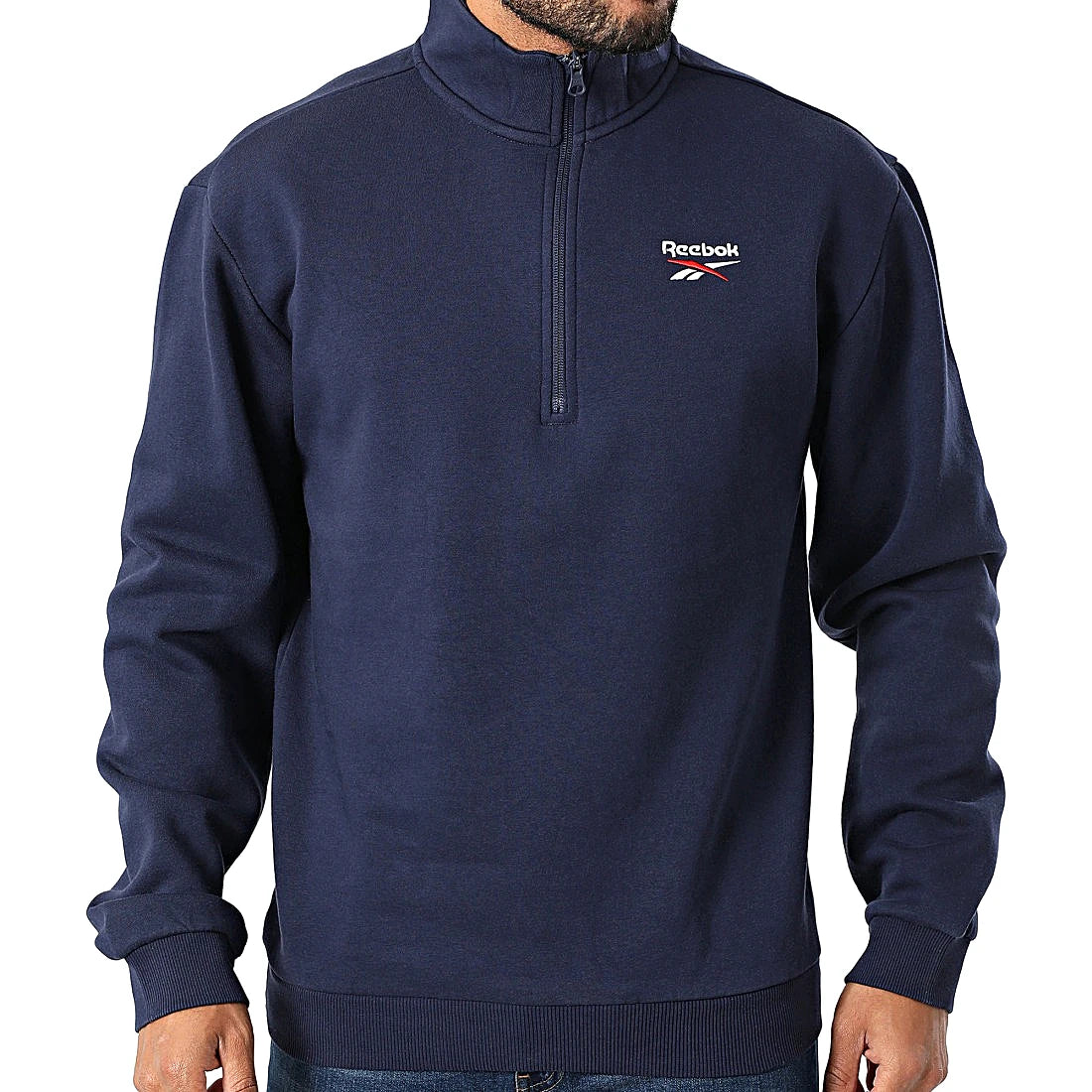 Reebok Sweat Demi-Zip Bleu Marine Homme, vue de face avec petit logo, BirdNova Algérie