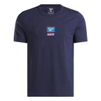 Reebok T-Shirt Bleu Marine, vue à plat avec badge et étiquette du col, BirdNova Algérie