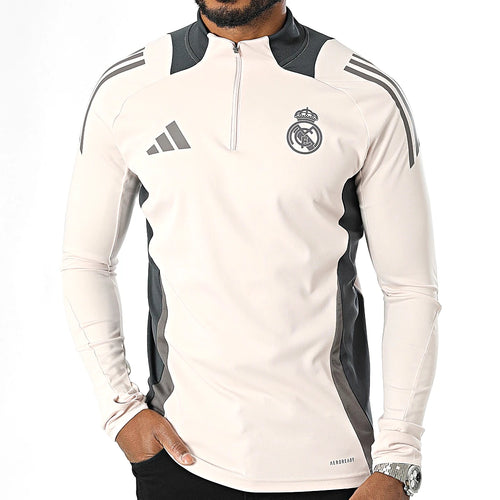 Adidas Haut Real Madrid Beige, vue de face avec trois bandes sur les manches, BirdNova Algérie