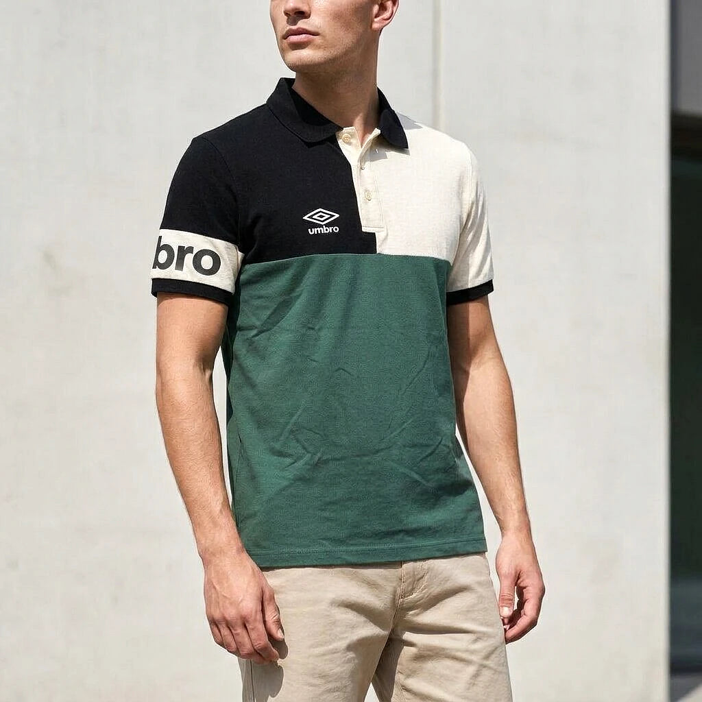 Umbro Polo Color-Block Vert Homme porté avec chino beige — original BirdNova Algérie