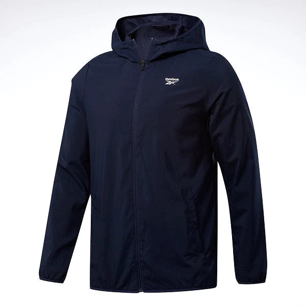 Reebok Veste Légère Bleu Marine, vue à plat avec capuche et zip, BirdNova Algérie