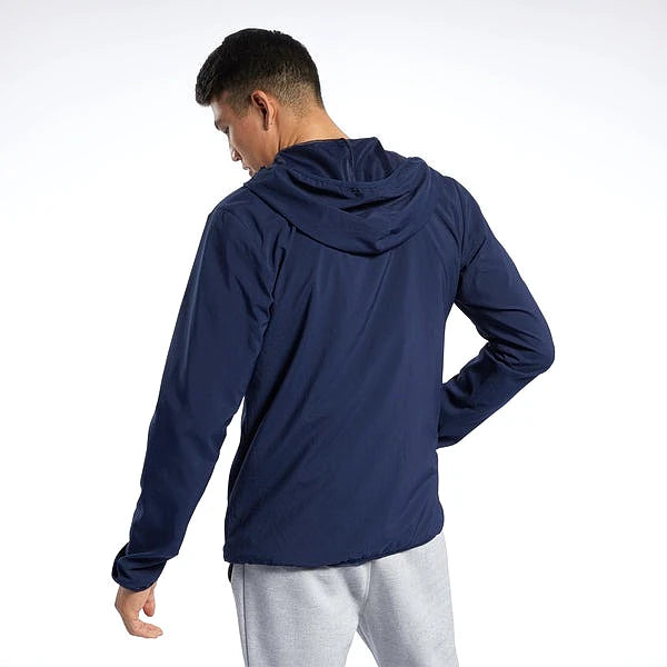 Reebok Veste Légère Bleu Marine, vue de dos portée avec capuche, BirdNova Algérie