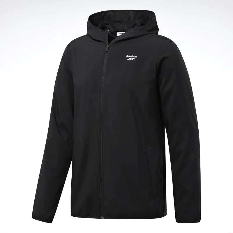 Reebok Veste Noire, vue à plat de face avec capuche et zip, BirdNova Algérie